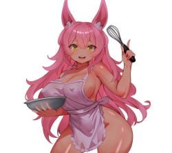 baking bunny_ears golden_eyes naked_apron pink_hair