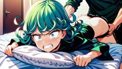 1girls after_sex ai_generated ass ass_up bed bedroom bent_over crying crying_with_eyes_closed crying_with_eyes_open cum cum_in_ass cum_in_pussy cum_inside forced forced_anal forced_orgasm green_eyes green_hair gritting_teeth holding_pillow one-punch_man orgasm partial_male rape rape_face raped short_hair tatsumaki tears violated_heroine violation