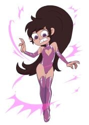 1boy 1femboy artist_request big_hair boots bulge canon_crossdressing cleavage_cutout clenched_teeth crossdressing disney femboy feminine_male girly heart_cutout leotard male male_only marco_diaz mole mole_under_eye nervous ponytail princess_marco solewd solo star_vs_the_forces_of_evil surprised