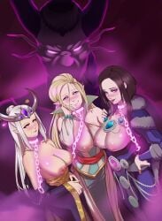 3girls alarielle_the_radiant big_breasts blonde_hair chaos_(warhammer) collar corruption frostypersimmons high_elf leash light-skinned_female light_skin miao_ying n'kari repost slaanesh tzarina_katarin warhammer_(franchise) warhammer_fantasy