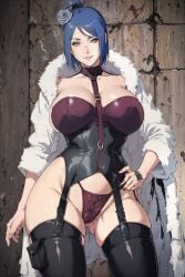 1girls adapted_costume ai_generated akatsuki_(naruto) alternate_costume amber_eyes bare_shoulders big_breasts blue_hair breasts breasts_bigger_than_head coat corset detached_collar dominatrix female female_only flower flower_in_hair fur fur_coat fur_trim garter_belt garter_straps hair_bun hair_ornament hand_on_hip highleg highleg_panties hourglass_figure huge_breasts konan large_breasts leotard light-skinned_female light_skin lingerie lipstick long_hair makeup nai_diffusion naruto naruto_(series) naruto_shippuden panties pinup revealing_clothes side_bun sidneyxxxx skimpy skimpy_clothes slutty_outfit smile solo solo_focus stable_diffusion stockings straps thick_thighs thighhighs thighs tight_clothing top_heavy top_heavy_breasts upper_body voluptuous voluptuous_female wide_hips