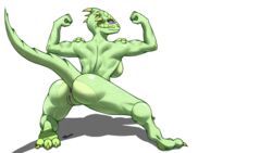 16:9 2018 3_toes anthro anus ass breasts claws female flexing green_skin hi_res horn lizard looking_at_viewer looking_back muscular muscular_female numinex pink_eyes purple_anus purple_pussy purple_sclera pussy reptile scalie side_boob solo toe_claws toes uel