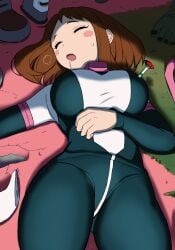 blush_stickers bodysuit boku_no_hero_academia breasts brown_hair closed_eyes drooling female hi_res highres implied_drugging large_breasts lying medium_hair my_hero_academia ochako_uraraka on_back on_floor open_mouth rebake saliva sleeping tranquilizer_dart