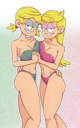 aged_up arm_around_waist bikini blonde_hair breast_squish breast_to_breast drawsoyeah ear_piercing eyes_half_open hand_on_waist holding_hands lana_loud lola_loud looking_at_viewer smiling_at_viewer the_loud_house twincest twins twintails