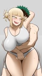 1boy 1girls big_breasts blonde_hair breasts grilled_eel himiko_toga huge_breasts izuku_midoriya my_hero_academia open_mouth shirt smile smiling tagme_(artist) teeth yellow_eyes