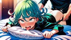 1girls after_sex ai_generated ass ass_up bed bedroom bent_over crying crying_with_eyes_closed crying_with_eyes_open cum forced forced_anal forced_orgasm green_eyes green_hair gritting_teeth holding_pillow one-punch_man orgasm partial_male rape short_hair tatsumaki tears violated_heroine violation