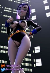 3d belt bodysuit covered_nipples dc dc_comics demon demon_girl dreamhayzesfm exposed_breasts forehead_jewel large_breasts looking_at_viewer pale_skin patreon purple_hair rachel_roth raven_(dc) source_filmmaker teen_titans torn_clothes wide_hips