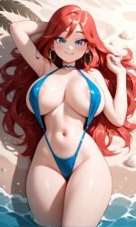 1girls afternoon ai_generated background beach chelsea chelsea_(ruby_gillman) crop_top dreamworks earrings eyebrows eyelashes female grabbing grabbing_own_ass grey_eyes human long_hair naughty png rcos red_hair ruby_gillman,_teenage_kraken sand sky sling_bikini slingshot_swimsuit smug solo water