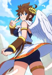 1girls ai_generated angel angel_wings ass ass_focus blue_eyes female female_only from_behind genderswap_(mtf) grin kid_icarus large_breasts nintendo pit_(kid_icarus) rule_63 spiked_hair