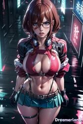 abdomen abs ai_generated angry angry_expression angry_eyes anime anime_style belt big_breasts blue_eyes breasts brown_hair city city_background cityscape cleavage cleavage_cutout crop_top curvy curvy_body curvy_female curvy_figure curvy_thighs cyberpunk female female_focus female_only from_above glasses glasses_on_face glasses_only gloves go-toubun_no_hanayome hair_between_eyes hands_behind_back harness hd hd_(traditional) headphones headphones_around_neck high-angle_view high_resolution highres hourglass hourglass_figure human jacket jacket_open large_breasts lips looking_at_viewer microskirt miniskirt model nakano_miku navel pose seductive seductive_look shadow shiny shiny_breasts shiny_clothes shiny_hair shiny_skin sideboob sky4maleja sleeveless sleeves slender_body slender_waist thick_thighs waist water watermark wet