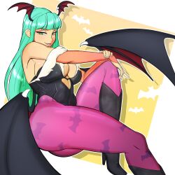 1girls 2024 absurd_res bat_print bent_leg big_breasts capcom darkstalkers dulce_ratoncita female female_only gauntlets green_eyes green_hair head_wings heel_boots leotard long_hair looking_at_viewer morrigan_aensland narrowed_eyes pantyhose pink_pantyhose smiling smiling_at_viewer solo succubus succubus_wings thick_thighs wings