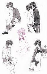 bandages cutting japanese kagerou_project kisaragi_shintarou kokonose_haruka konoha kozakura_marry kozakura_mary school_uniform scissors self_harm selfharm shounen_ai sketches snake_of_clearing_eyes traditional_art twink yaoi