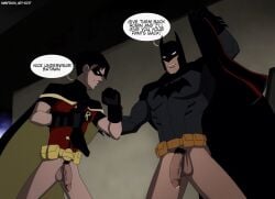 batman batman_(bruce_wayne) bruce_wayne cum cumming dc dc_comics dick_grayson efrain_art gay male nsfw precum robin_(dc) robin_(dick_grayson) robin_(young_justice) yaoi