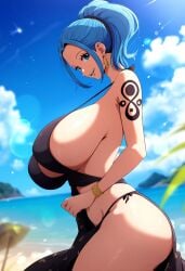 ai_due ai_generated arm_tattoo bare_legs bikini blue_eyes blue_hair breasts_bigger_than_head curvaceous curvy_female female female_only huge_breasts large_breasts looking_at_viewer nefertari_vivi one_piece ponytail sideboob tattoo voluptuous voluptuous_female