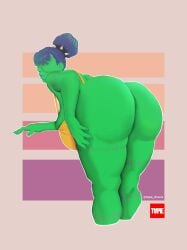 bending_over bent_over big_ass big_breasts female female_only green_body green_skin hair_bun hair_over_eyes huge_ass huge_breasts looking_back tape_draws zombie zombie_girl