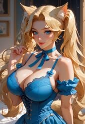 ai_generated blonde_hair blue_dress cleavage female fox_ears