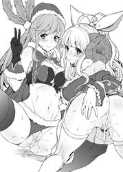 10s 2girls after_sex anila_(granblue_fantasy) anus ass bikini bikini_aside blush breasts christmas clarisse_(granblue_fantasy) cum cum_in_pussy cumdrip draph fur_trim gloves granblue_fantasy greyscale groin hair_ribbon hat horns large_breasts long_hair looking_at_viewer medium_breasts midriff monochrome multiple_girls mushi024 navel ponytail pubic_hair pussy ribbon santa_hat sheep_horns simple_background sitting skirt skirt_lift smile sweat swimsuit swimsuit_aside thighhighs uncensored v white_background