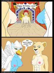 2018 2girls abs anthro bed breasts comic eagle emperorstarscream english_text erection eris_(legends_of_chima) female laval legends_of_chima lego li'ella lion male navel nude page_1 straight surprise tagme text