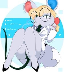 1girls 2021 animal_crossing anthro bent_legs black_eyes blonde_hair female female_only glasses heels hi_res lab_coat light_blush looking_at_viewer mochii_tiger mouse murid murine nintendo petri_(animal_crossing) round_glasses solo tail