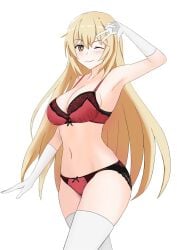 1girls bikini blonde_hair blush bra female female_only gloves one_eye_closed panties shokuhou_misaki slim_girl smile stockings teenage_girl teenager to_aru_majutsu_no_index young