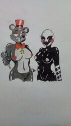 2girls animatronic animatronic_female animatronics black_fur black_skin bowtie buttons drawing female five_nights_at_freddy five_nights_at_freddy's five_nights_at_freddy's_2 freddy_fazbear's_pizzeria_simulator furry lefty_(fnaf) marionette_(fnaf) mask masked masked_female naked nipples niteomegamax32 nude perky_breasts puppet puppet_(fnaf) pussy red_bowtie red_top_hat robot_girl robot_humanoid sketch striped_arms tophat twitter twitter_username ultimate_custom_night