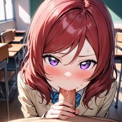 ai_generated blowjob blush classroom love_live!_school_idol_project nishikino_maki pov purple_eyes shy smartneto