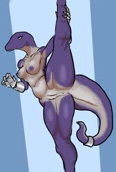 2019 alien anthro armor artlegionary biped breasts clothing female gauntlets gloves hopoo_games humanoid lemurian mammal mostly_nude nipples presenting presenting_crotch presenting_pussy purple_body purple_nipples purple_scales purple_skin pussy raised_leg risk_of_rain risk_of_rain_2 scales scalie solo spreading standing_on_one_leg tail tail_bracelet yellow_eyes