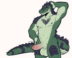 abs absurd_res alligatorid anthro balls big_balls crocodilian erection fingers genitals hi_res huge_balls humanoid_genitalia humanoid_penis male male_only muscular nipples nude penis picantetortuga presenting reptile scales scalie simple_background solo tail teeth