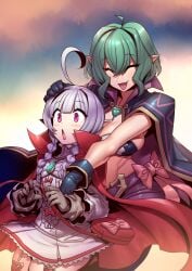 2girls alternate_costume breasts closed_eyes cosplay female female_only fire_emblem fire_emblem_awakening green_hair grey_hair hug hug_from_behind large_breasts morgan_(fire_emblem) morgan_(fire_emblem)_(female) nah_(fire_emblem) nintendo nowi_(fire_emblem)_(cosplay) pointy_ears purple_eyes shorts siblings sisters small_breasts tsuki_wani tsukiwani tukiwani yuri