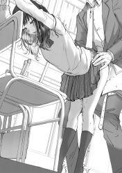 1boy 1girls bent_over blush bow bowtie cardigan carrot_(robosquat) classroom clothed_female clothed_male clothes_pull couple female fully_clothed greyscale head_out_of_frame heavy_breathing highres jacket kneehighs monochrome necktie open_mouth original pants pants_pull school_uniform sex skirt skirt_lift socks standing standing_sex straight sweat tiptoes trembling