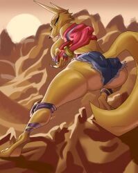 big_ass big_breasts big_butt big_tail bloody_roar blue_eyes cutoffs desert female fingerless_gloves fox fox_(bloody_roar) furry furry_female gloves hans_taubemann jeans knee_pads looking_back orange_body pink_clothing rentressy rock sun sunset tail thigh_markings yellow_body