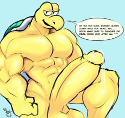 1boy 2024 abs anthro balls big_muscles big_penis blue_background bodily_fluids dialogue english_text erection genital_fluids genitals glans glistening glistening_body glistening_genitalia glistening_glans glistening_penis green_koopa_troopa half-closed_eyes heart_symbol humanoid_genitalia humanoid_penis koopa koopa_troopa looking_at_viewer male male_only mario_(series) muscular muscular_anthro muscular_male narrowed_eyes nintendo pecs penis precum reptile scalie shell simple_background smile solo sxnackx text turtle yellow_balls yellow_body yellow_glans yellow_penis