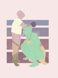 bbw blowjob green_body green_skin male male/female on_knees oral orc orc_female squatting tall tall_female taller_female taller_girl tape_draws