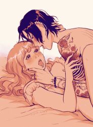 2d 2d_(artwork) 2girls arm_tattoo bed black_hair blush bracelet brown_hair dominant_female domination ear_piercing female goth goth_girl grabbing_head grabbing_neck heartstrings_(series) intimate isidora_velasco_(heartstrings) long_hair masculine masculine_female multiple_girls nightgown passionate pierced_ears pierced_lip pierced_nose piercings pleasure_face pleasured_face punk punk_girl ro_cambria_(heartstrings) saliva_string saliva_trail scratch_marks scratches short_hair spice_aisle submissive submissive_female sweat sweating tattooed_arm tattoos tongue tongue_out wholesome yuri