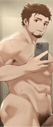 1boy abs after_bathing armpit_hair armpit_hair_peek bar_censor bara brown_hair censored covering_privates cowboy_shot cropped erection facial_hair flexing_ass girthy_penis goatee goburin_second highres large_pectorals long_sideburns male_focus male_pubic_hair mature_male muscular muscular_male navel nude_cover original paid_reward_available parted_lips pectorals penis penis_peek pubic_hair selfie short_hair sideburns sideburns_stubble smile solo standing stubble thick_thighs thighs translation_request wet