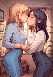 2girls ai_generated black_hair blonde_hair collared_shirt desgens indoors kissing living_room pencil_skirt yuri