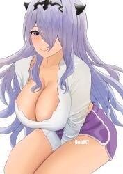 1girls absurdres alternate_costume artist_name breasts camilla_(fire_emblem) cleavage dolphin_shorts fake_horns female female_only fire_emblem fire_emblem_fates genm7 hair_over_one_eye highres horns large_breasts long_hair looking_at_viewer nintendo purple_eyes purple_hair shorts smile solo