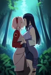 2girls ai_generated clothed female female_only forest hyuuga_hinata kissing naruto naruto:_the_last naruto_(series) outdoors romantic sakura_haruno sakuralookalike yuri