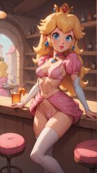 1girls ai_generated alcohol autismmix_pony(model) bar barstool blonde_hair blue_eyes bra choker crown detached_sleeves earrings female female_only indoors long_hair looking_at_viewer mario_(series) marusame navel people_in_background princess_peach public_indecency ribs solo stable_diffusion standing stockings thighhighs thong