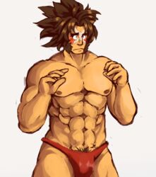 1boy 1male bang_shishigami bara blazblue blush bulge embarrassed male male_only muscle nipple scar thong