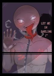 1boy bald behind_glass blush collar dirty_talk glowing_eyes grey_skin hand_on_glass horny leash long_tongue male male_only muscular_male no_visible_genitalia pecs peter_(your_boyfriend) snake_tongue tongue_out toony toony_face your_boyfriend_(game)