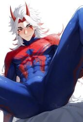 ai_generated arataki_itto genshin_impact male_focus male_only marvel noname22_11 oni solo solo_male spider-man_(cosplay) tagme yaoi