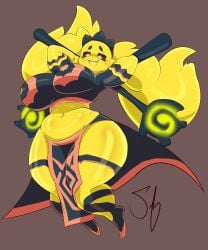 anthro atlyss big_breasts breasts chapsan chubby chubby_female furry holding holding_object holding_weapon navel slime slime_diva_(atlyss) slime_girl stomach tagme thick thick_thighs thighs