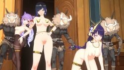 3boys 3girls assdepik churled genshin_impact hilichurls_(species) hoyoverse keqing_(genshin_impact) nude raiden_shogun slut_collar whore yelan_(genshin_impact)