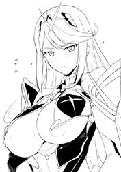 bare_shoulders blush breasts cleavage cleavage_cutout earrings eyebrows_visible_through_hair female gem hair_ornament halcon harukon_(halcon) headpiece highres jewelry long_hair looking_at_viewer monochrome mythra_(xenoblade) nintendo nipple_slip nipples shoulder_armor shy simple_background staring tiara tsundere very_long_hair white_background xenoblade_(series) xenoblade_chronicles_2