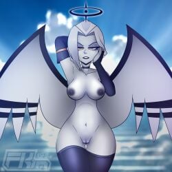 angel angel_girl angel_wings black_halo female fkim fkimnsfw halo hazbin_hotel lute_(hazbin_hotel) nude nude_edit standing twitter vivienne_medrano vivziepop wings