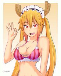 1girls blonde_hair bra breasts cleavage dragon dragon_girl dragon_horns dragon_humanoid female female_only hair horn lackatask miss_kobayashi's_dragon_maid red_eyes solo tohru_(dragon_maid)