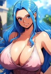 ai_due ai_generated big_breasts blue_eyes blue_hair breasts_bigger_than_head dress female female_only huge_breasts large_breasts long_hair looking_at_viewer nefertari_vivi one_piece smiling