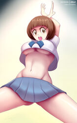 :o arms_above_head arms_behind_head ass_visible_through_thighs big_breasts blue_skirt clothing crop_top crossed_arms from_below kill_la_kill mankanshoku_mako midriff miniskirt no_bra pleated_skirt school_uniform short_hair skirt underboob zelc-face