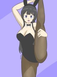 black_hair bunny_costume bunny_ears bunny_girl bunnysuit clothed dark_hair holding_leg leotard pantyhose sakurajima_mai seishun_buta_yarou_wa_bunny_girl_senpai_no_yume_wo_minai simple_background smile smiling smiling_at_viewer vikutto